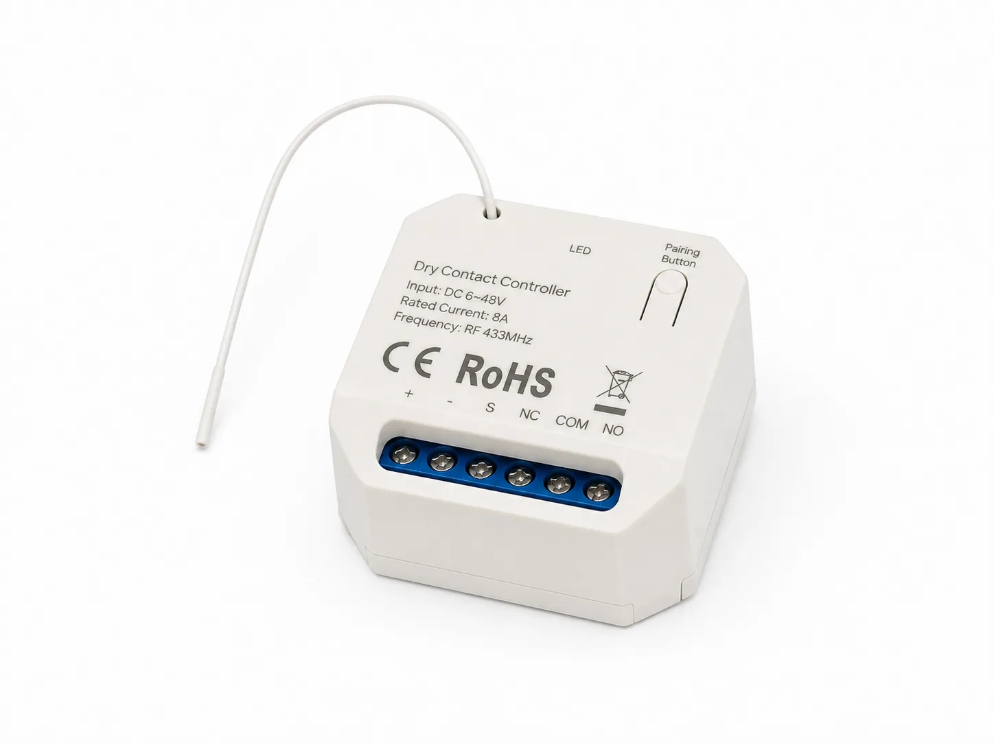 Apeiron Wireless I/O Module with antenna, pairing button and dry-contact terminals