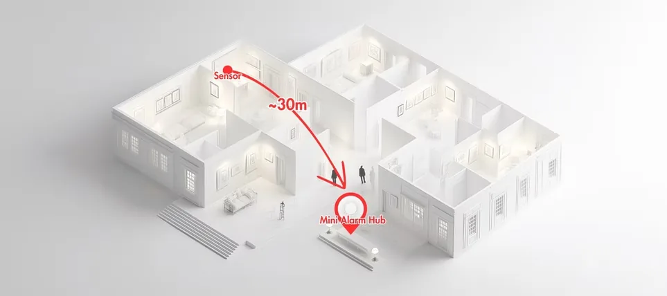 Indoor wireless transmission from an Apeiron Guard sensor to the Mini Alarm Hub across a large interior
