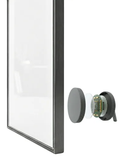 Exploded view of the Apeiron Guard Painting Sensor mounted behind a framed artwork