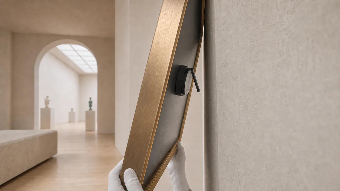 Artwork Sensor for Painting attached behind a lifted frame with the hinged lever released toward the wall