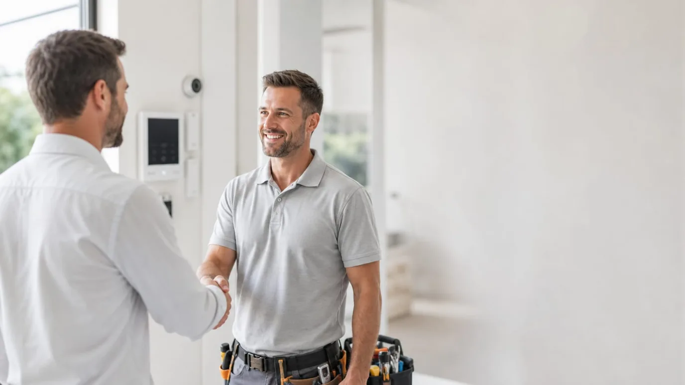 Security installer discussing an Apeiron Guard project with a homeowner