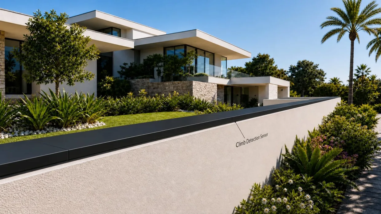 Apeiron Guard wall-top climb detection sensor installed on a modern residential villa perimeter wall