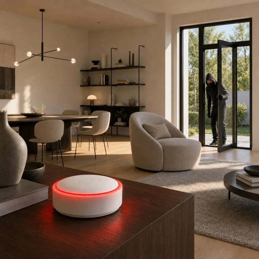 Apeiron Guard Mini Alarm Hub flashing red as an intruder enters a modern home through an open door