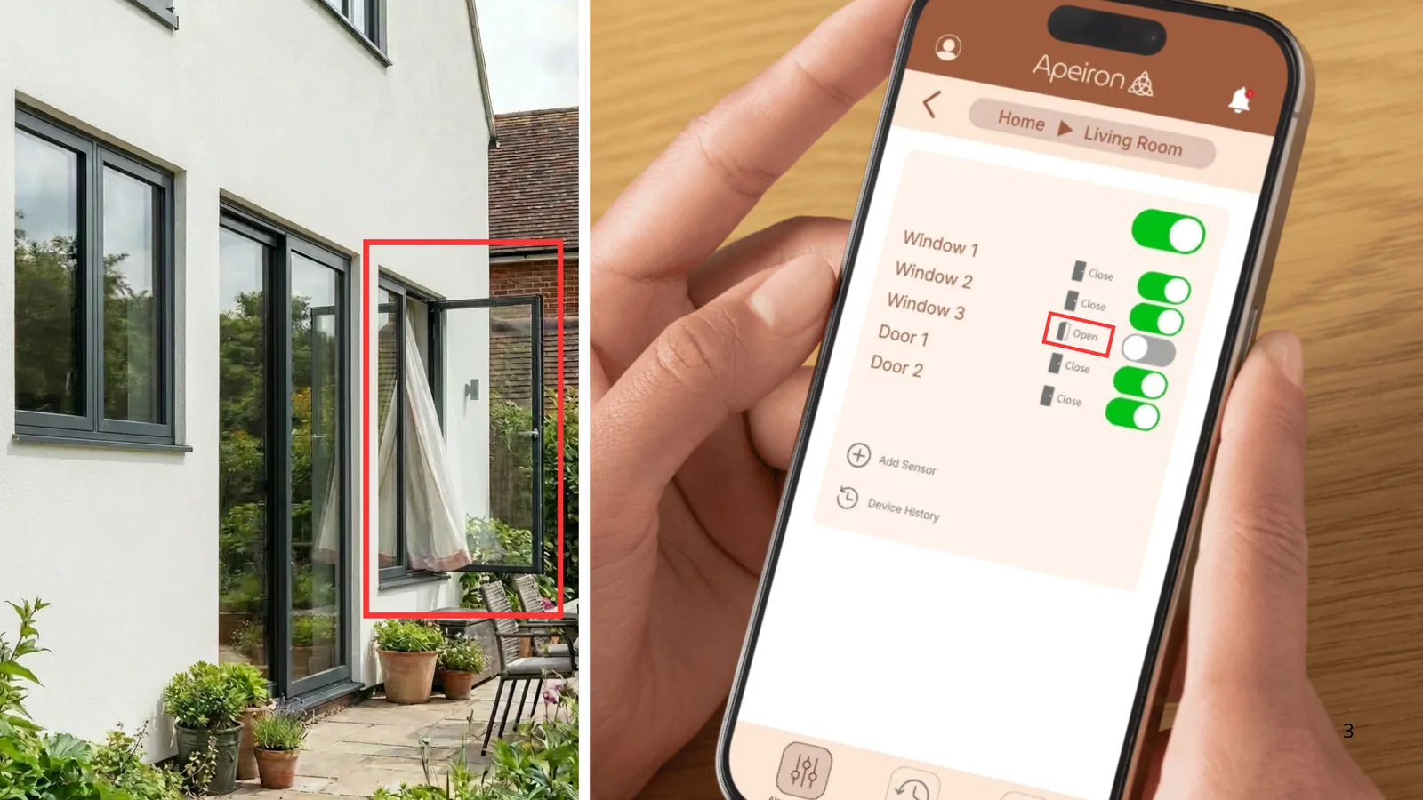 Apeiron Guard mobile app showing real-time open and closed status for doors and windows