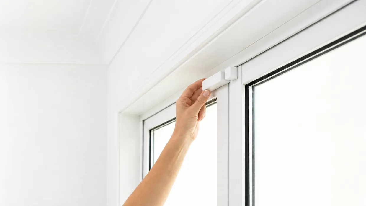 Installer placing an Apeiron Guard Door and Window Sensor on a bright white window frame