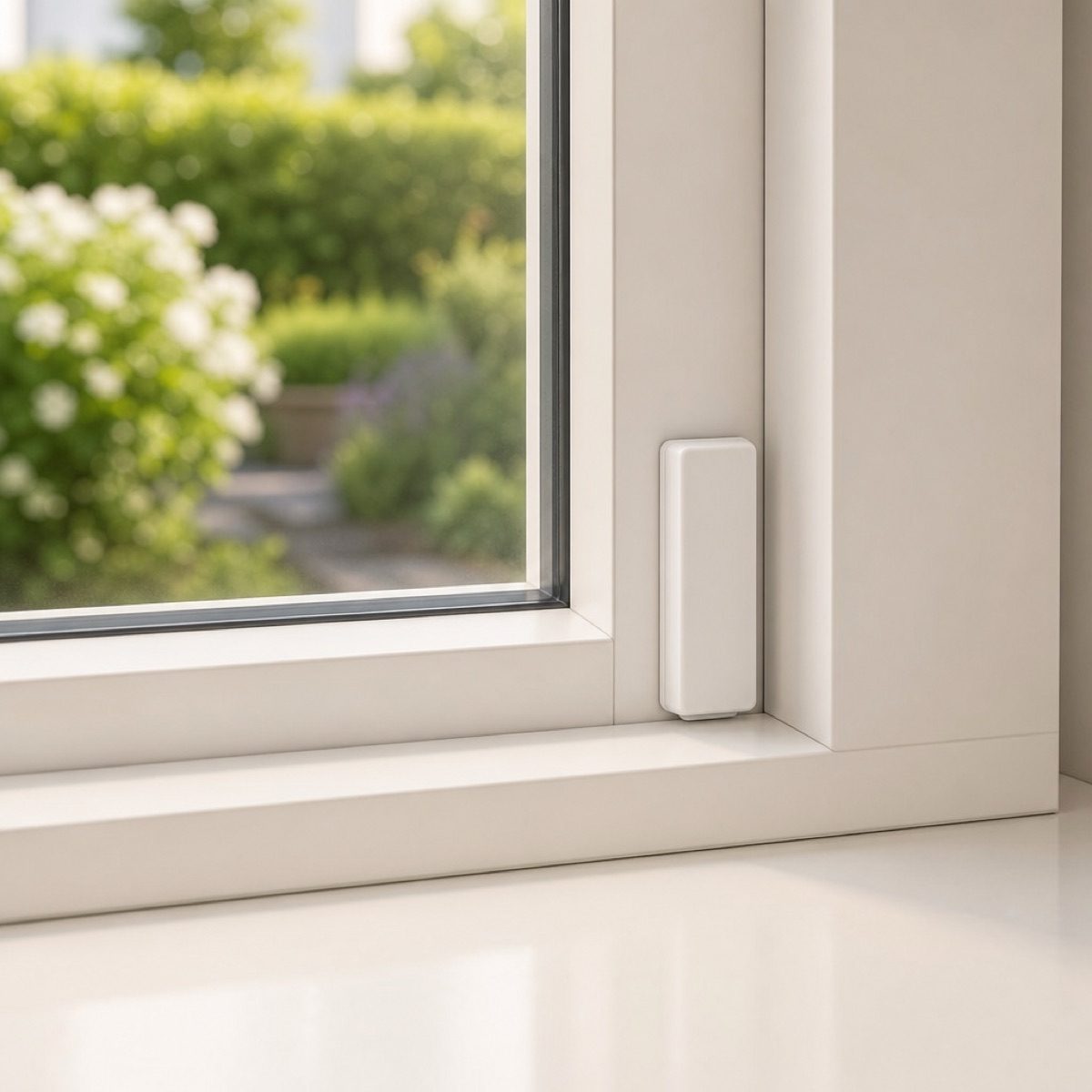 Apeiron Guard battery-free Door and Window Sensor installed on a modern window frame for opening detection