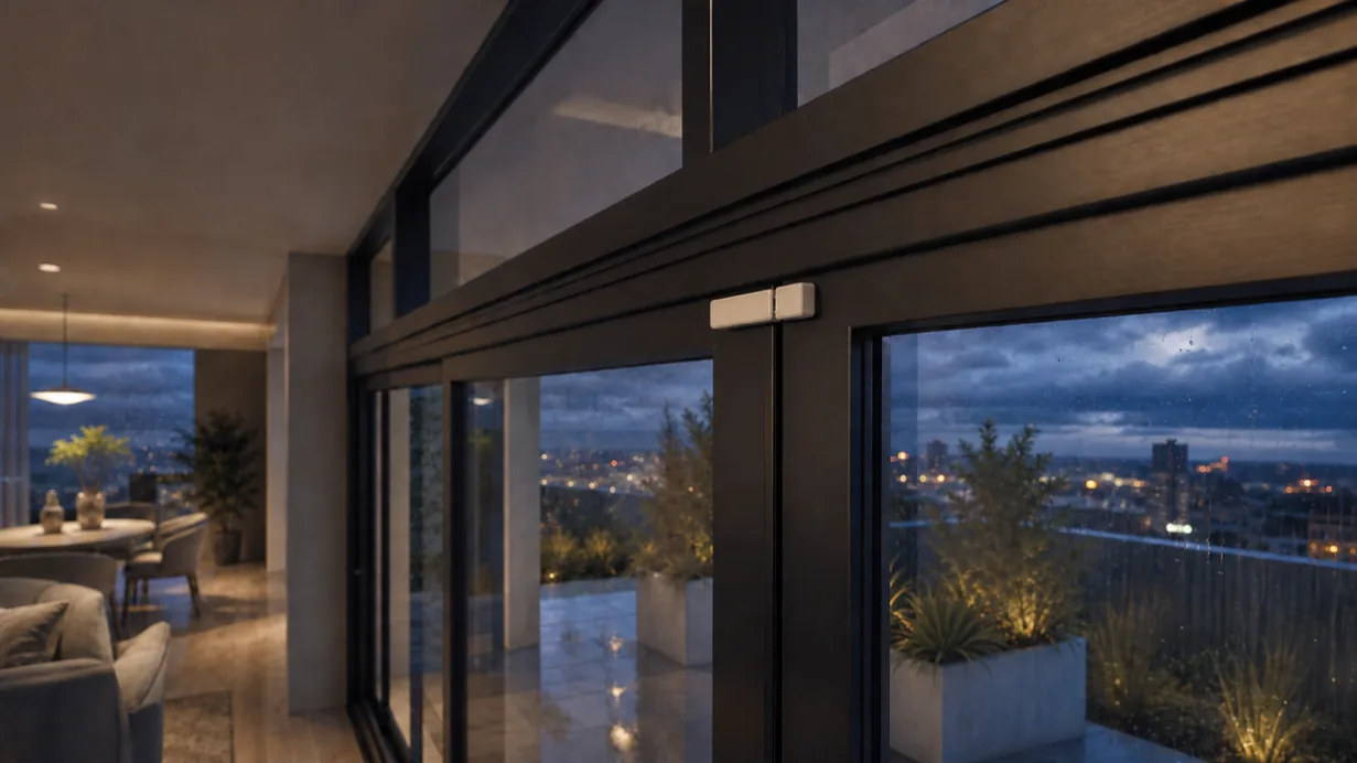 Apeiron Guard Door and Window Sensor installed above a modern glazed entry at night