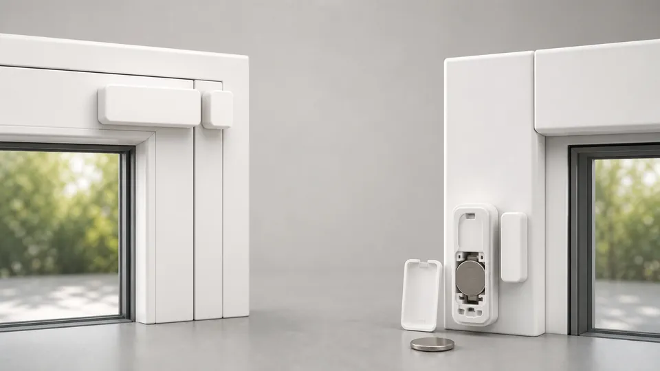 Generic battery-powered wireless contact sensor with its battery compartment open