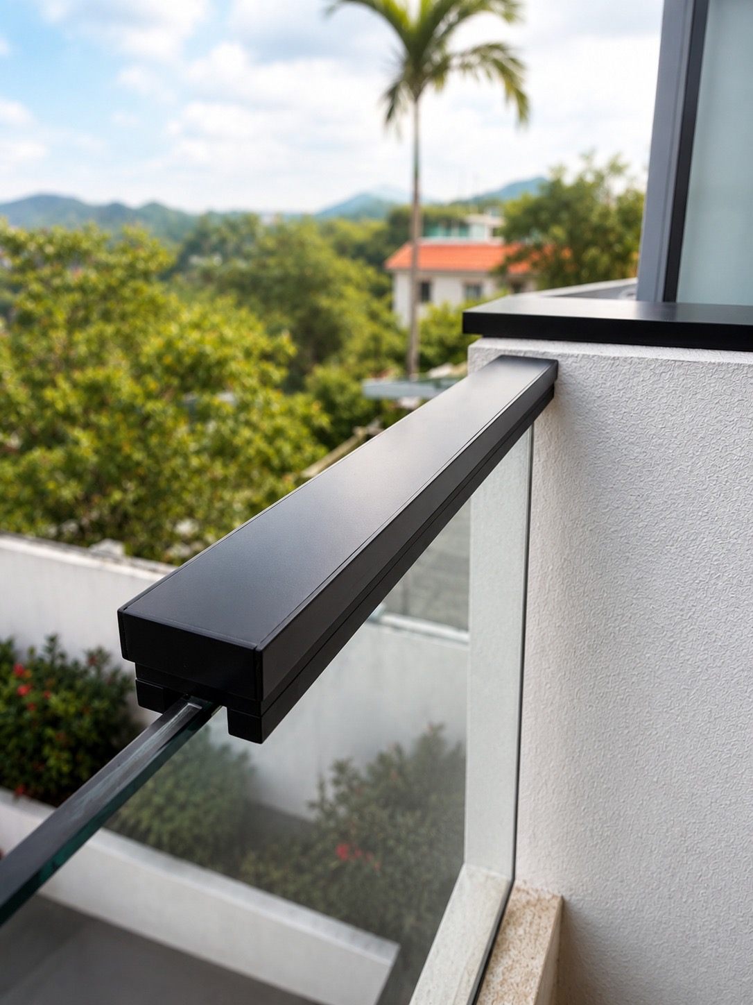 Completed Apeiron Guard glass balustrade climb detection sensor installed at a residential glass edge