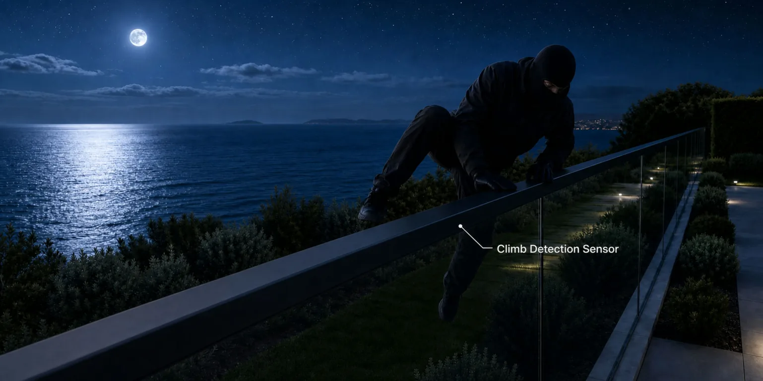 Apeiron Guard climb detection sensor protecting a glass balustrade at night while a masked intruder climbs over