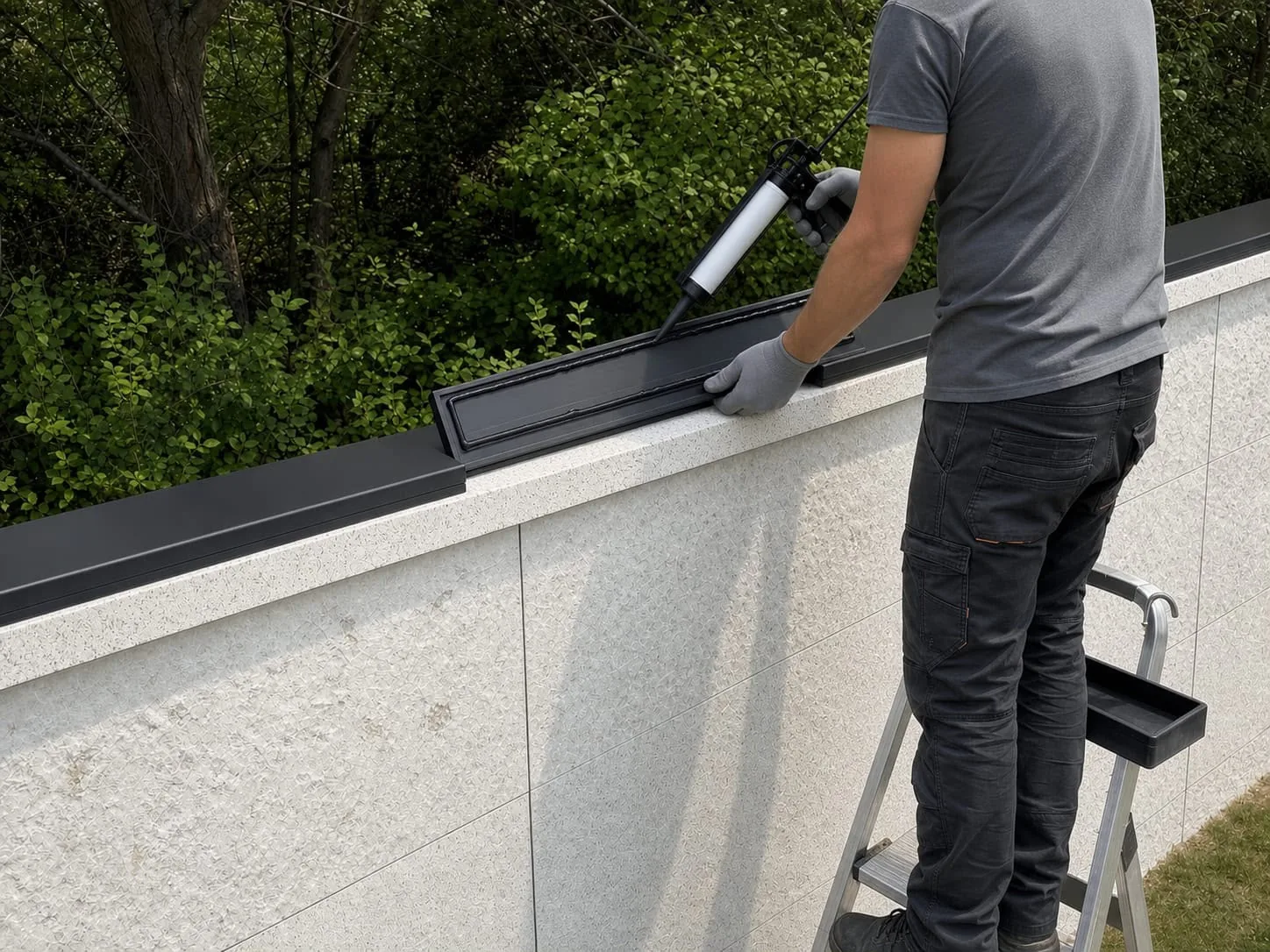 Installer applying sealant to the wall-top sensor on a perimeter wall
