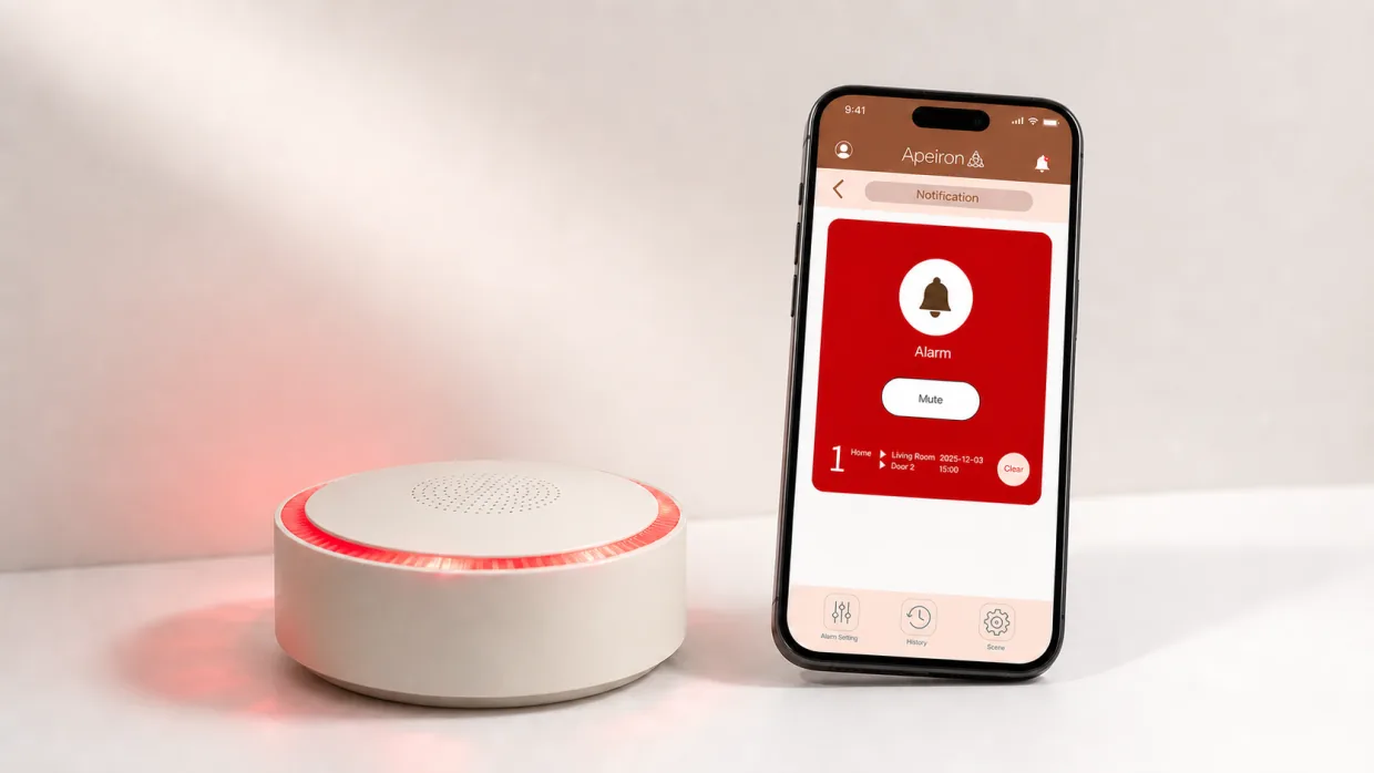 Apeiron Guard Mini Alarm Hub sounding an alarm beside a real-time perimeter alert in the mobile app