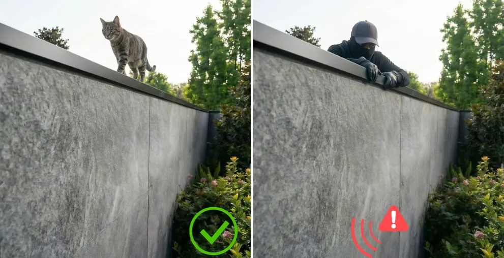 Reliable Apeiron Guard climb detection sensor comparison showing small animal ignored and intruder climb attempt detected
