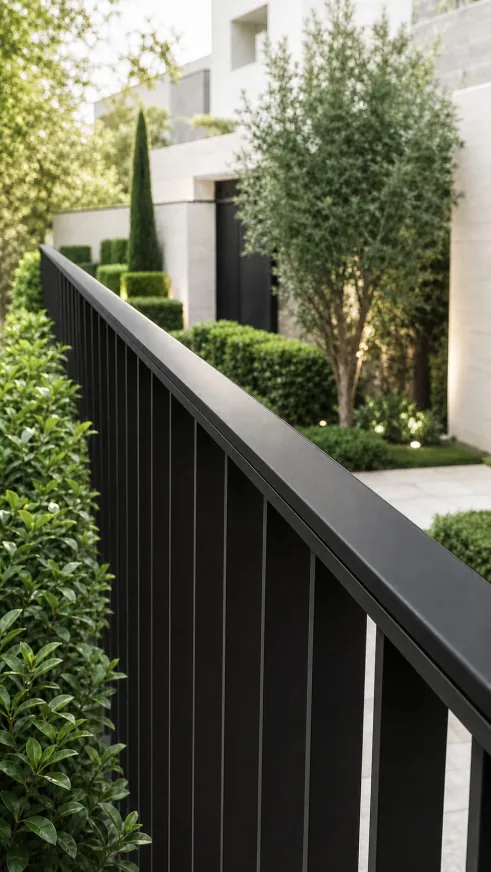 Fence-top Sensor installed along a black perimeter fence rail beside landscaped greenery