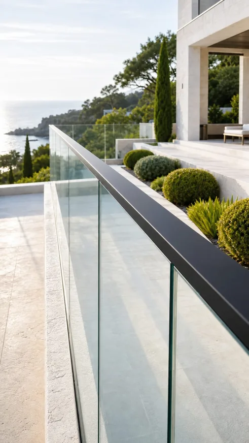 Glass Balustrade Sensor installed on a modern glass balustrade with sea-view villa background